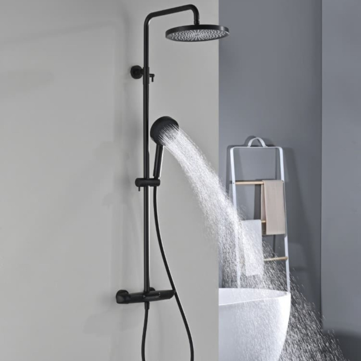 Ensemble bain/douche 3 jets avec mitigeur thermostatique de baignoire + douche de tête + douchette à main, noir mat (SATSSTVKC)