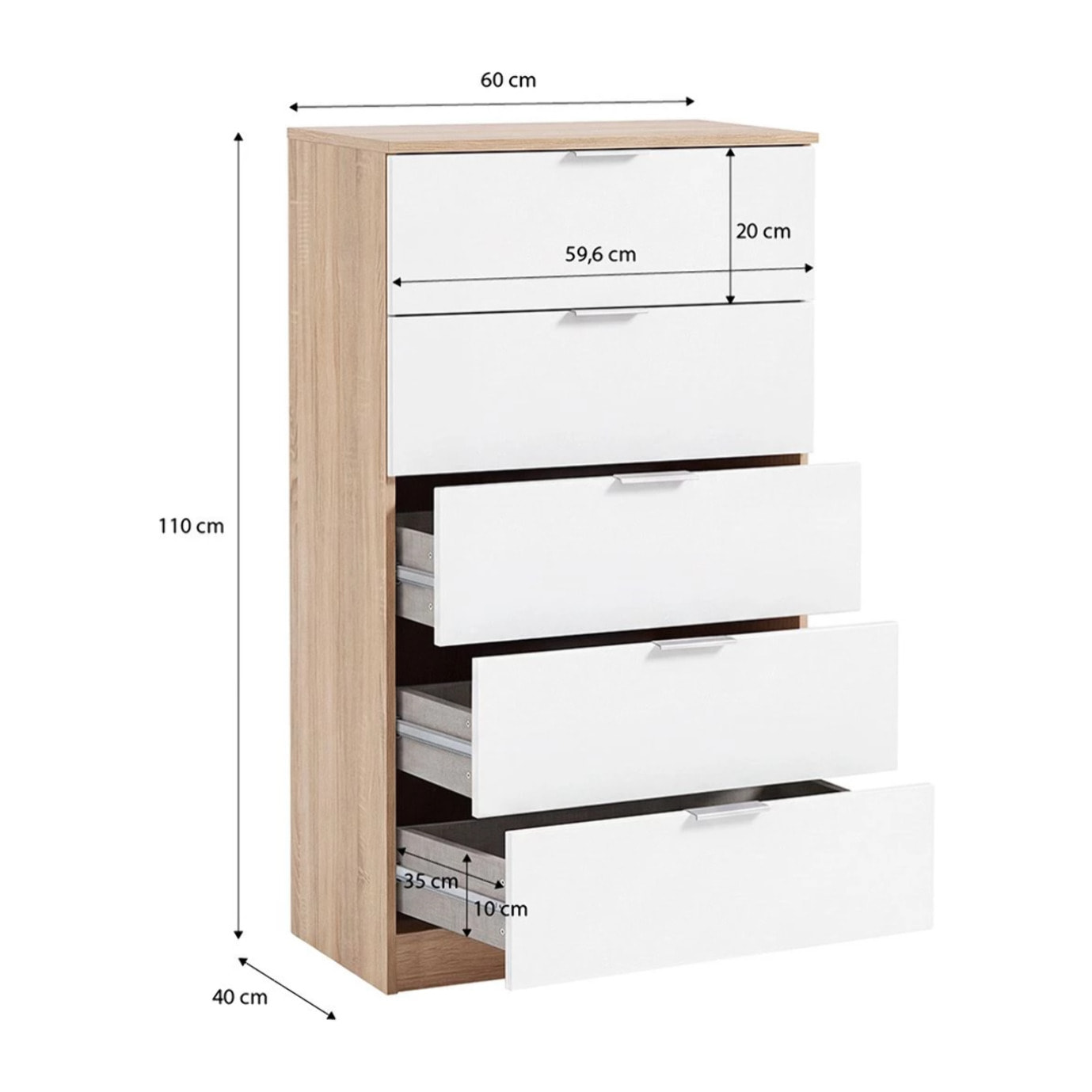 Cómoda alta de 5 cajones en blanco artik y roble canadian 60x110 cm Akari Blanco Artik (Blanco Mate) - Roble Canadian
