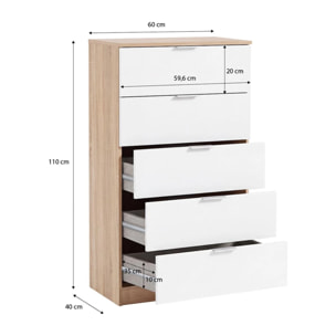 Cómoda alta de 5 cajones en blanco artik y roble canadian 60x110 cm Akari Blanco Artik (Blanco Mate) - Roble Canadian
