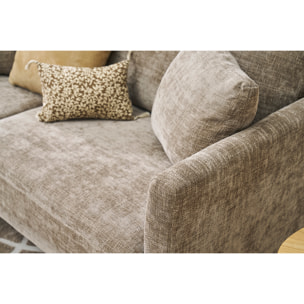 Canapé scandinave déhoussable 3 places en tissu effet velours texturé taupe et bois clair OSLO