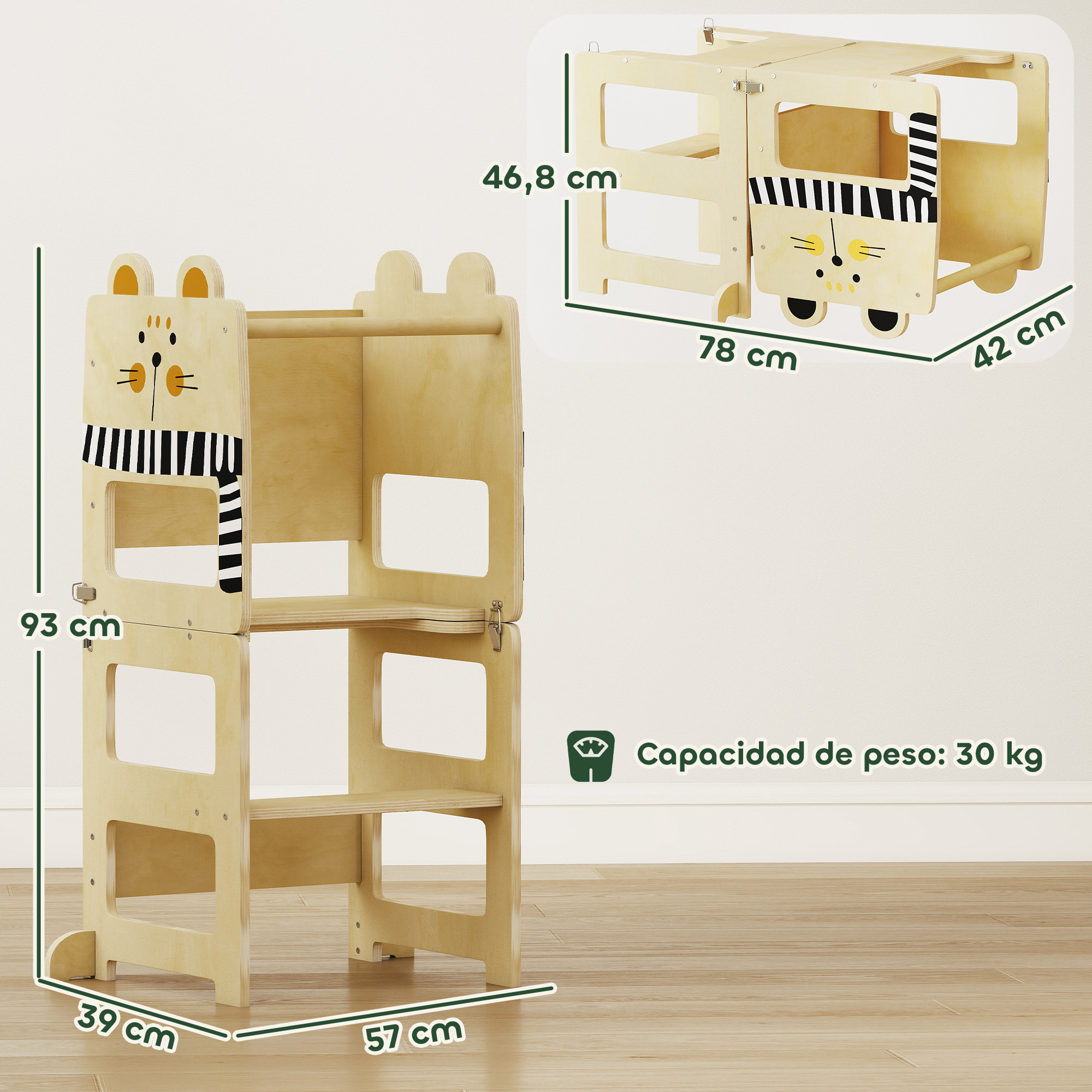 Torre de Aprendizaje 3 en 1 Plegable, Convertible en Escritorio y Silla, Taburete de Aprendizaje para Niños de 2-5 Años con Pizarra, Dibujos de Gatos, para Baño, Cocina, Natural