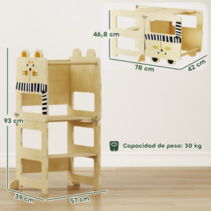 Torre de Aprendizaje 3 en 1 Plegable, Convertible en Escritorio y Silla, Taburete de Aprendizaje para Niños de 2-5 Años con Pizarra, Dibujos de Gatos, para Baño, Cocina, Natural