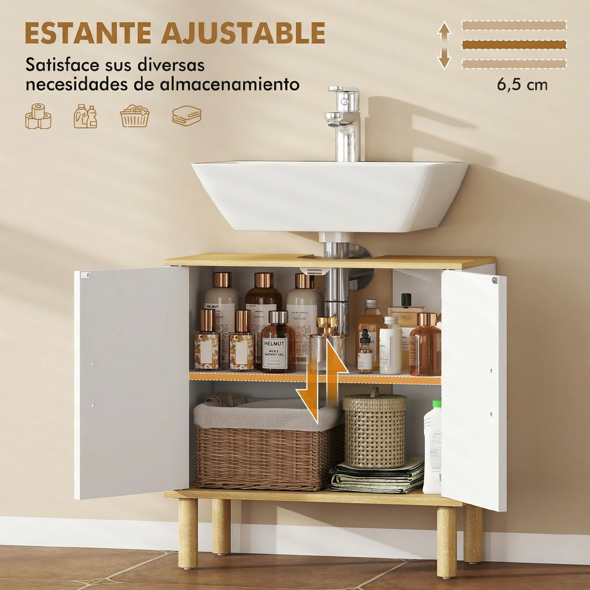 Mueble Bajo Lavabo, Mueble de Baño con Estante Ajustable, Puertas Acanaladas y Patas de Madera, para Lavabo sin Pedestal, 60x30x61 cm, Blanco