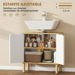 Mueble Bajo Lavabo, Mueble de Baño con Estante Ajustable, Puertas Acanaladas y Patas de Madera, para Lavabo sin Pedestal, 60x30x61 cm, Blanco
