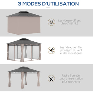 Pavillon de jardin tonnelle rigide dim. 3,6L x 3l x 2,78H m rideaux latéraux anti-UV structure gris toit polycarbonate noir