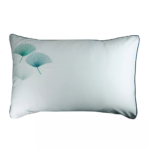 Taie d'oreiller satin de coton brodé blanc bleu Pistil aqua