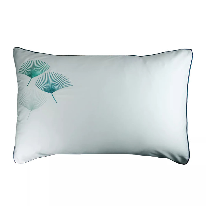 Taie d'oreiller satin de coton brodé blanc bleu Pistil aqua