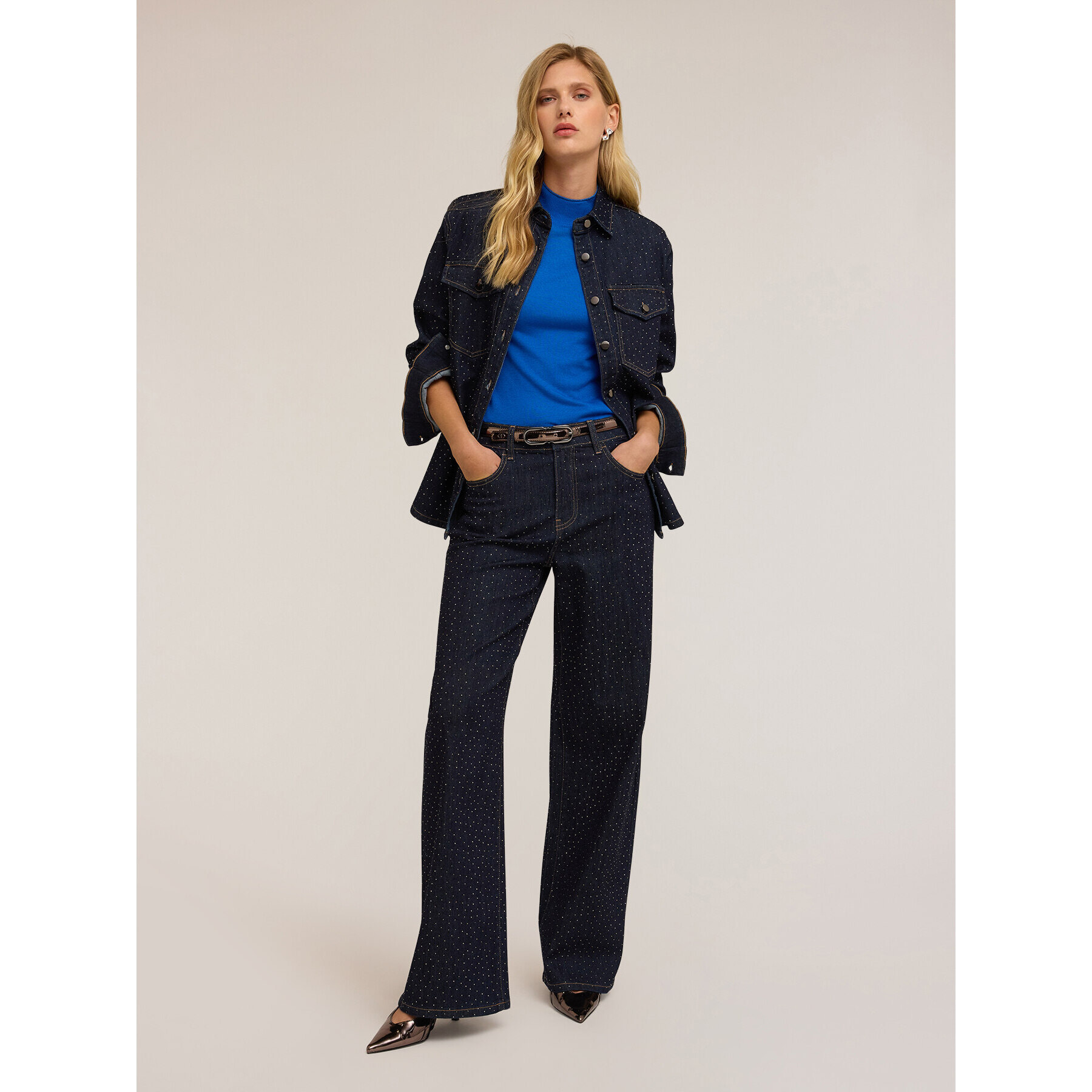 Motivi - Pantaloni palazzo in denim con micro borchie - Blu