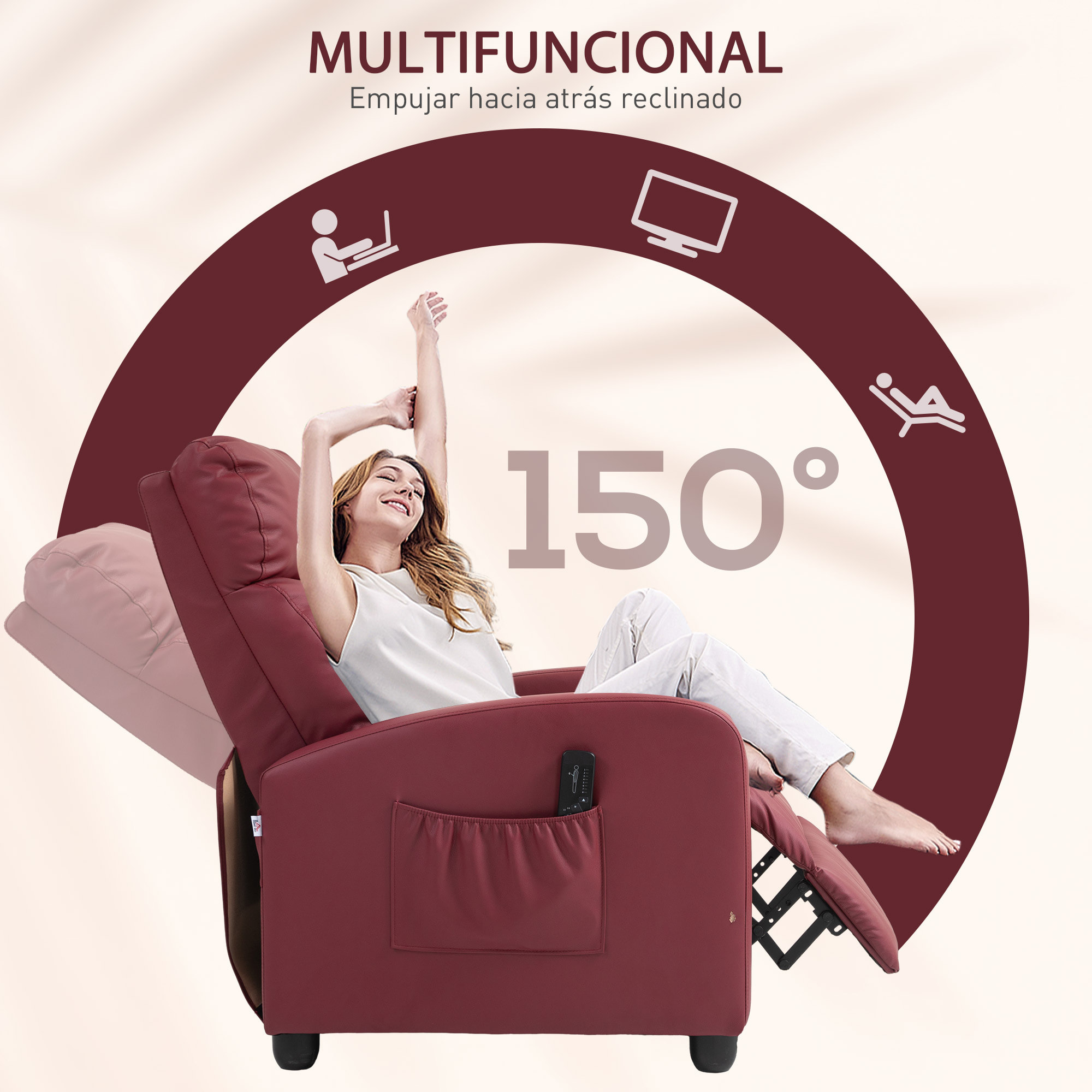 Sillón de Masaje, Sillón Relax Reclinable con Mando a Distancia, 2 Zonas de Masaje, 8 Programas, 5 Niveles de Intensidad, Bolsillo Lateral y Temporizador Tapizado en PU 68x88x98 cm Rojo Burdeos