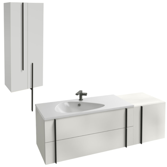 Meuble vasque 145 cm Nouvelle Vague blanc brillant + tiroir rack + colonne 2 portes