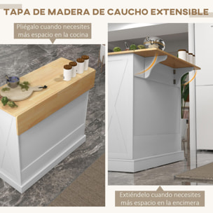 Isla de Cocina Carro de Cocina con Encimera de Madera Plegable 2 Puertas 2 Cajones Estante Ajustable y 4 Ruedas 105x60x90,5 cm Blanco