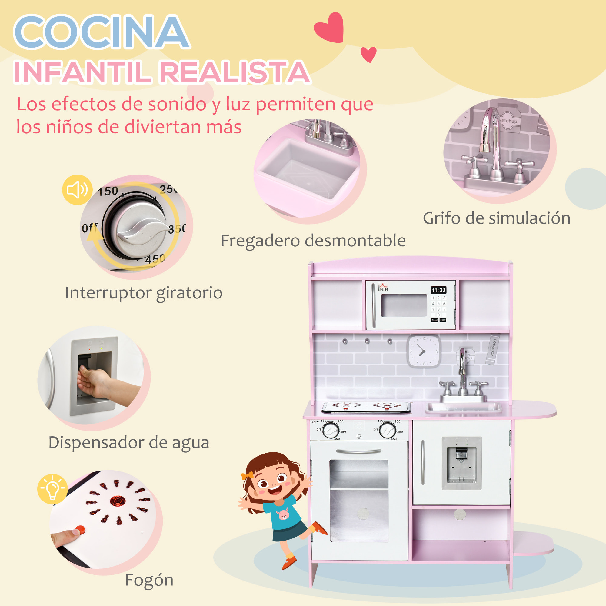Cocina de Juguete 6 Piezas para Niños de +3 Años con Luz Sonidos 70x29x90cm Rosa