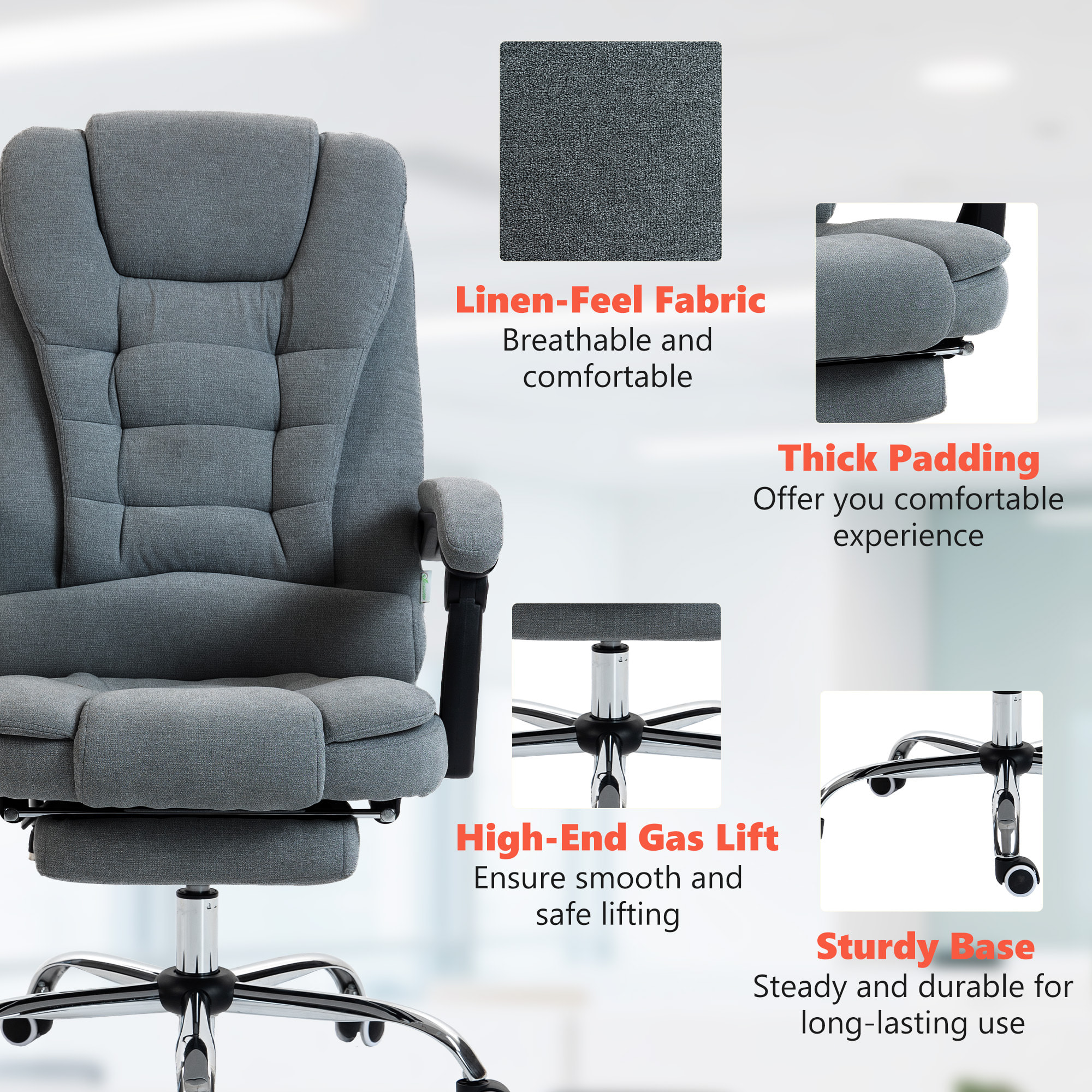 Fauteuil de bureau direction massant chauffant hauteur réglable dossier inclinable tissu gris foncé