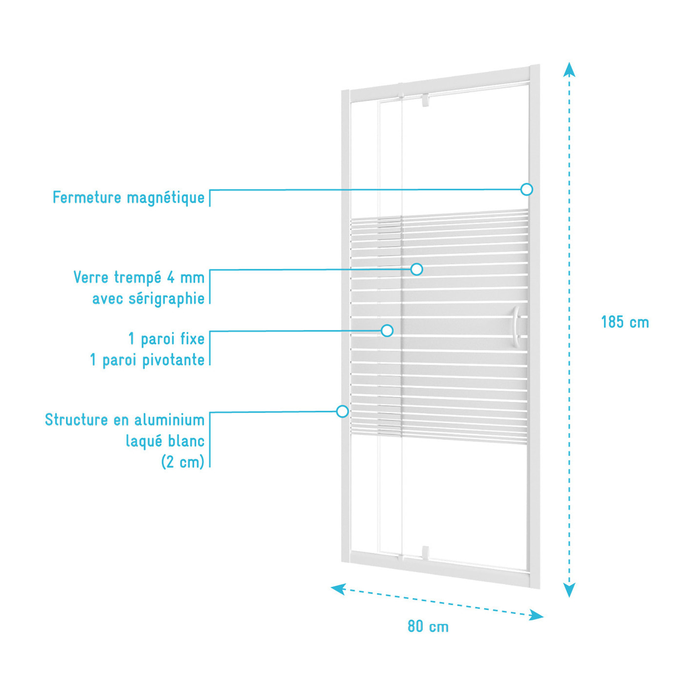 Porte de Douche Extensible de 69 a 80 x 185cm - Profil Blanc - Verre Trempé 4mm - FLEXY
