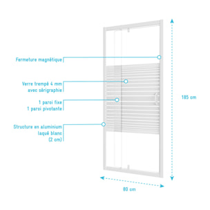 Porte de Douche Extensible de 69 a 80 x 185cm - Profil Blanc - Verre Trempé 4mm - FLEXY