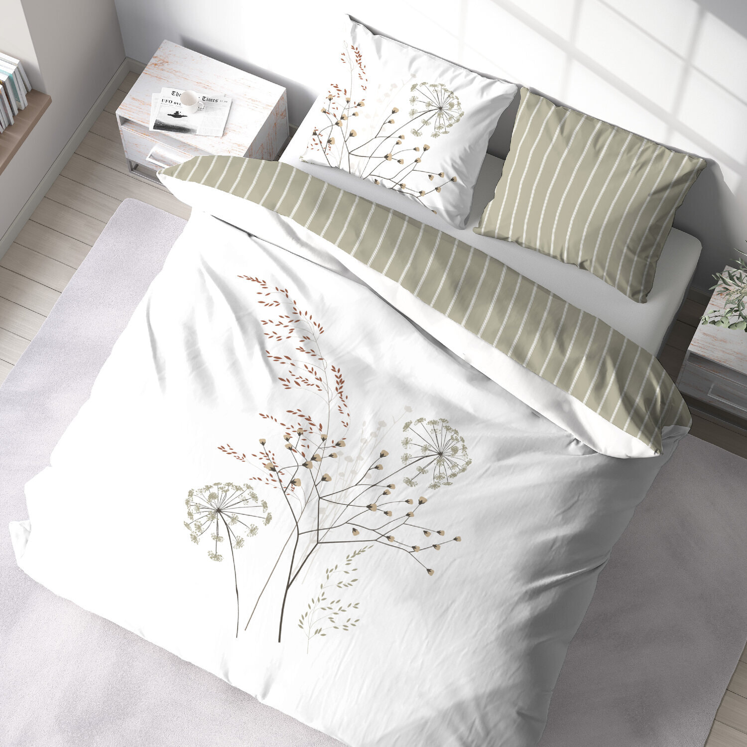 Parure housse de couette imprimé 100% coton - soliflore - blanc
