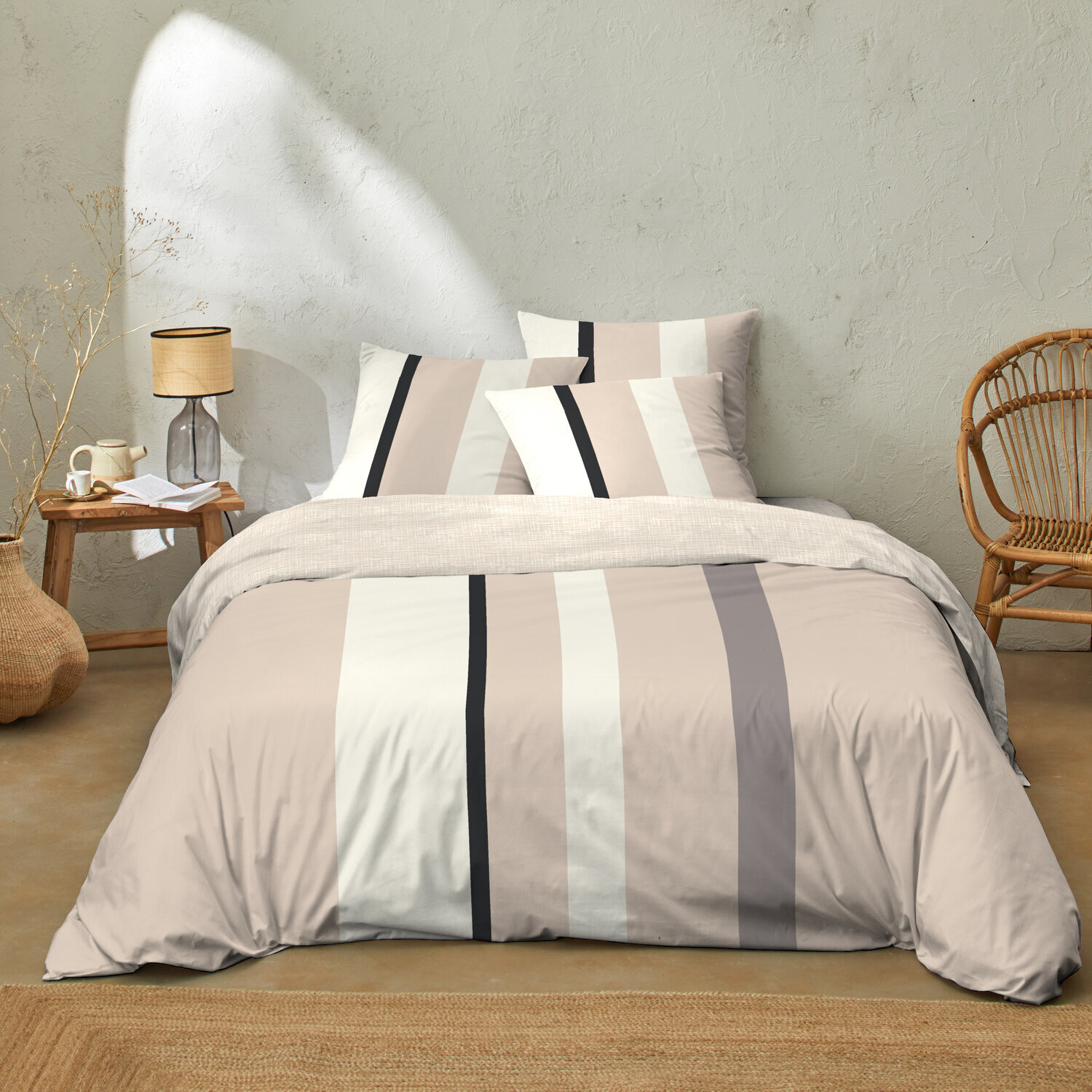 Parure housse de couette 100% coton rayures beige - Cally