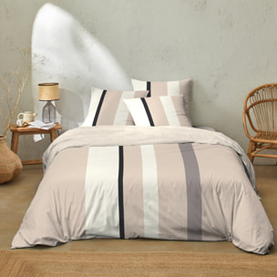 Parure housse de couette 100% coton rayures beige - Cally