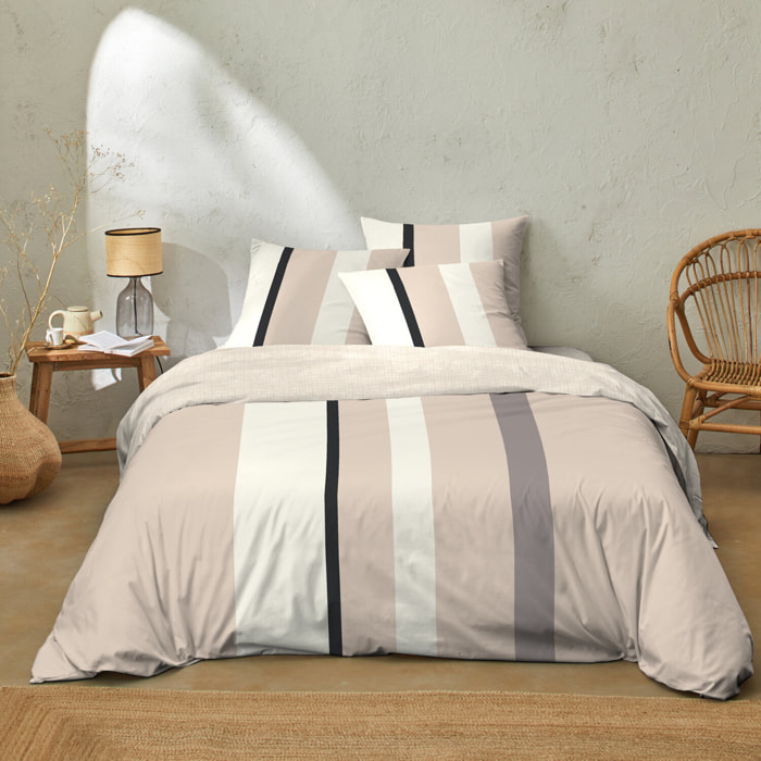 Parure housse de couette 100% coton rayures beige - Cally