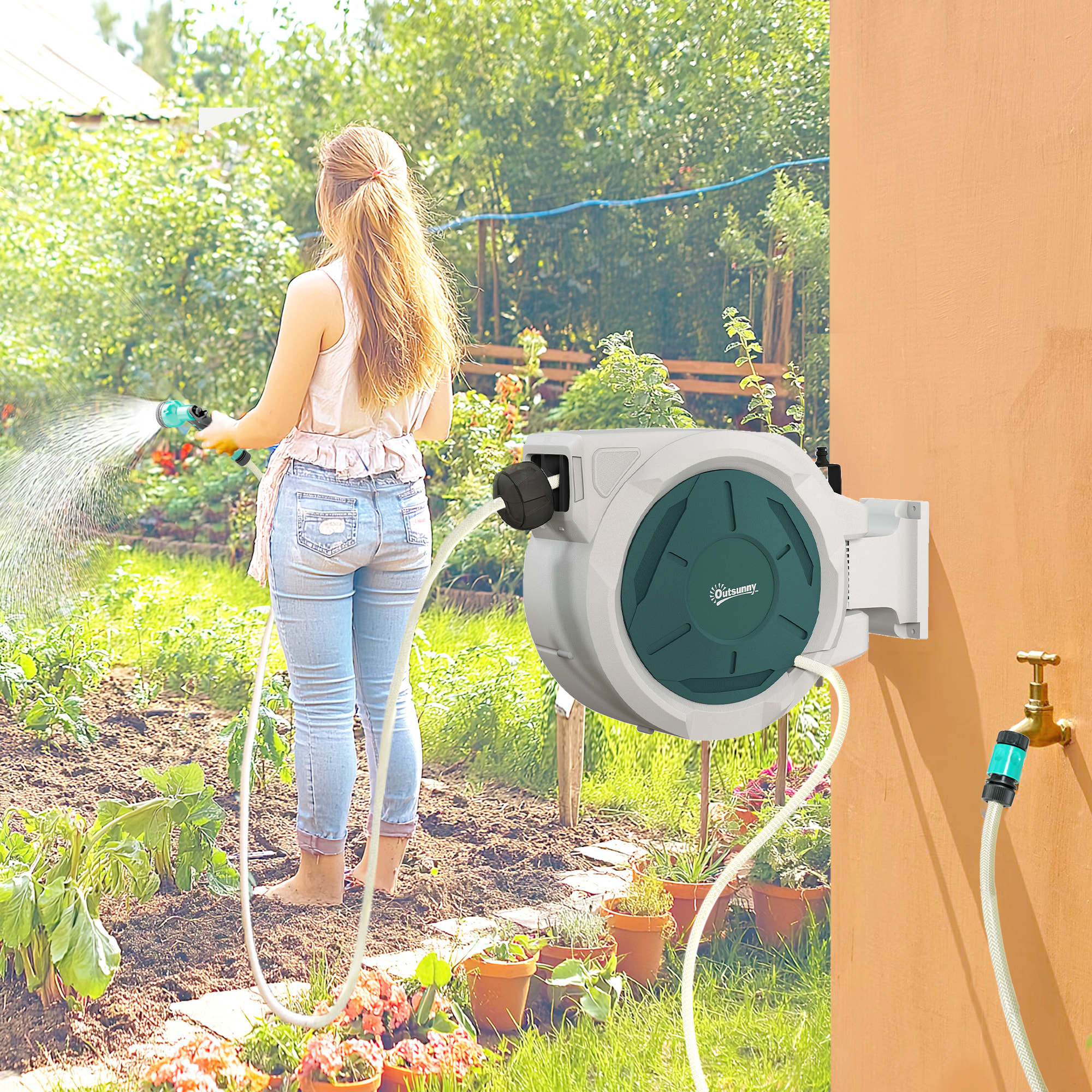 Dévidoir mural enrouleur automatique pivotant 180° tuyau 30 + 2 m avec lance arrosage 7 modes support mural intégré gris clair vert