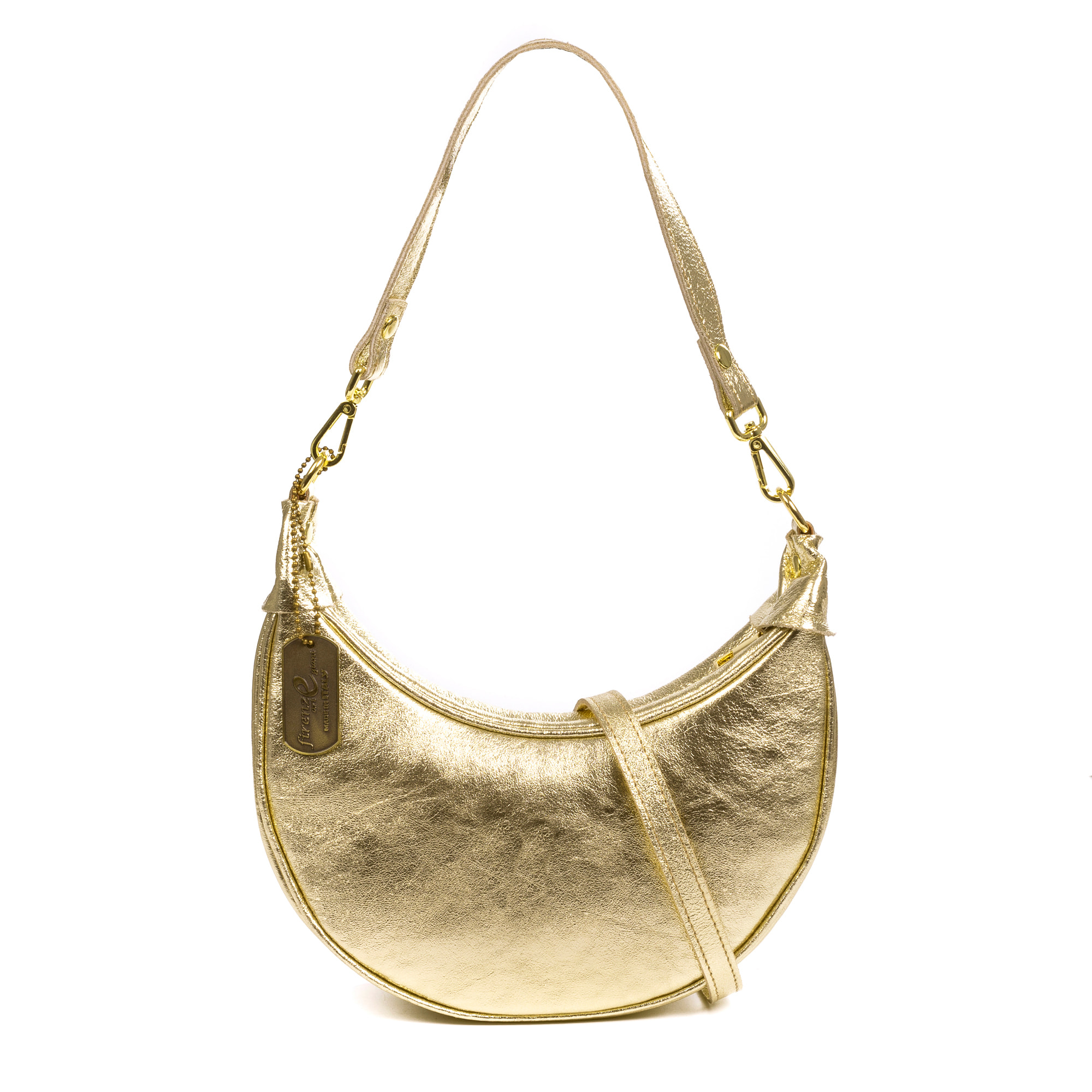Asís borsa a tracolla e a mano, in pelle autentica con finitura scamosciata laminata, con design a mezzaluna.