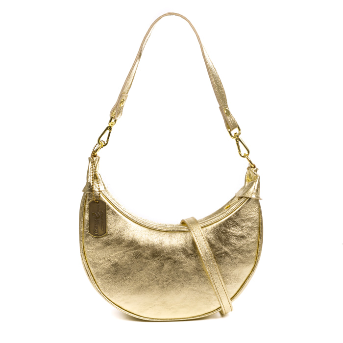 Asís borsa a tracolla e a mano, in pelle autentica con finitura scamosciata laminata, con design a mezzaluna.