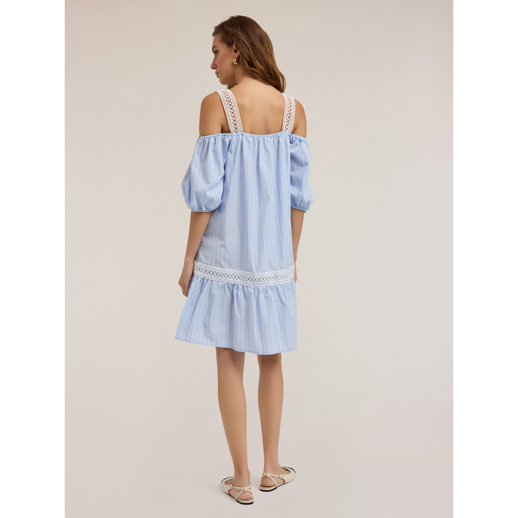 Motivi - Vestito in popeline a righe con balza - Azzurro