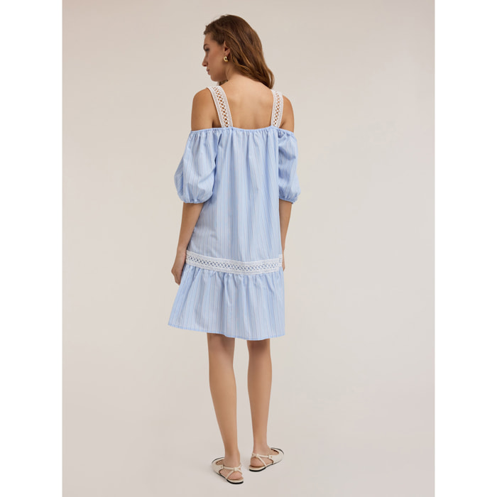 Motivi - Vestito in popeline a righe con balza - Azzurro