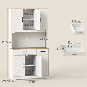 Alacena de Cocina Alta, Mueble Auxiliar de Cocina, con 6 Puertas, Encimera Abierta para Microondas, 2 Cajones, Estantes Ajustables, Orificio para Cable, 94x39,5x175,2 cm, Blanco