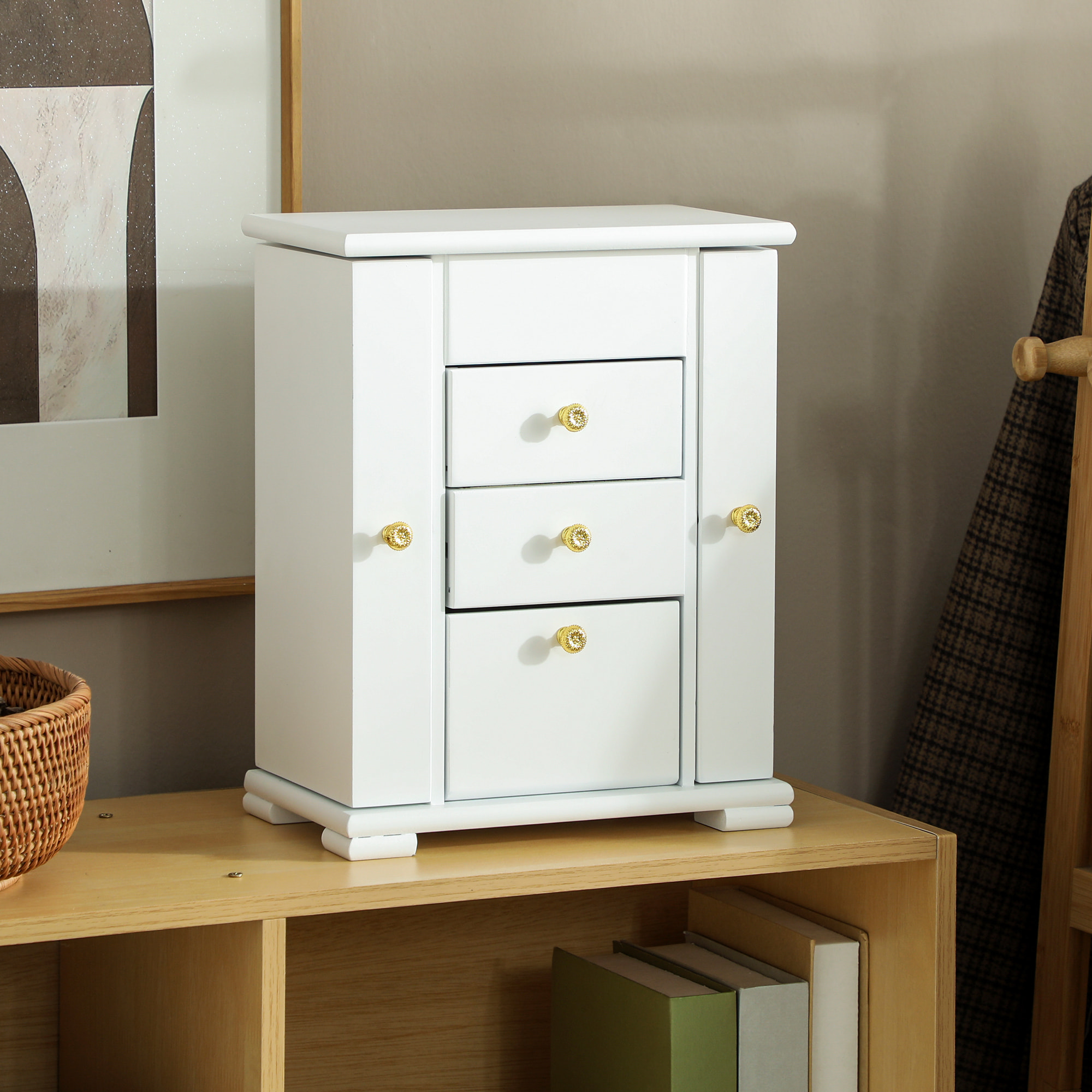 Armoire à bijoux poignées bouton doré miroir bois blanc