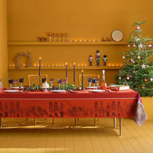 Chemin de table pur coton anti tache motif jacquard Casse noisettes rouge festif