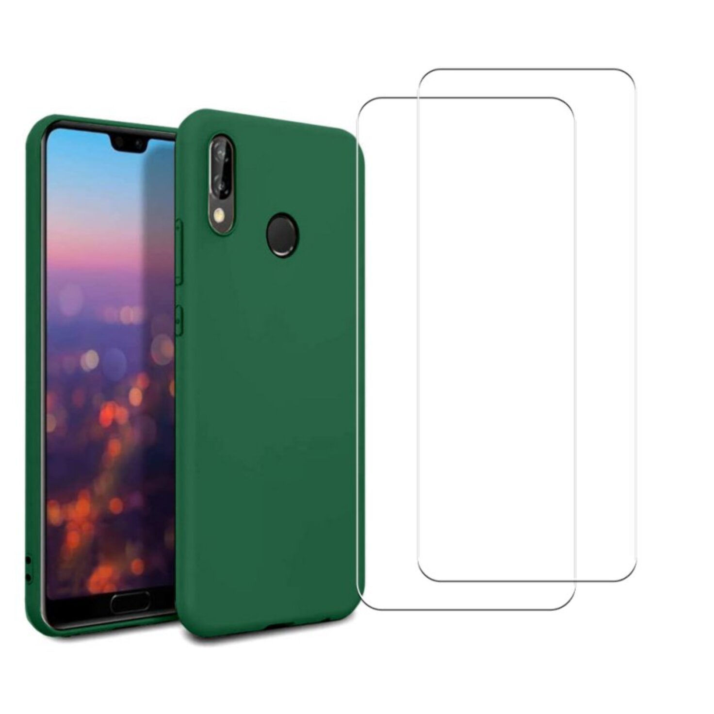 Coque Huawei P30 Lite/ P30 Lite XL Silicone Liquide Vert + 2 Vitres en Verre Trempé Protection écran