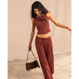 Pantalón largo recto con pinzas y tiro bajo de mujer