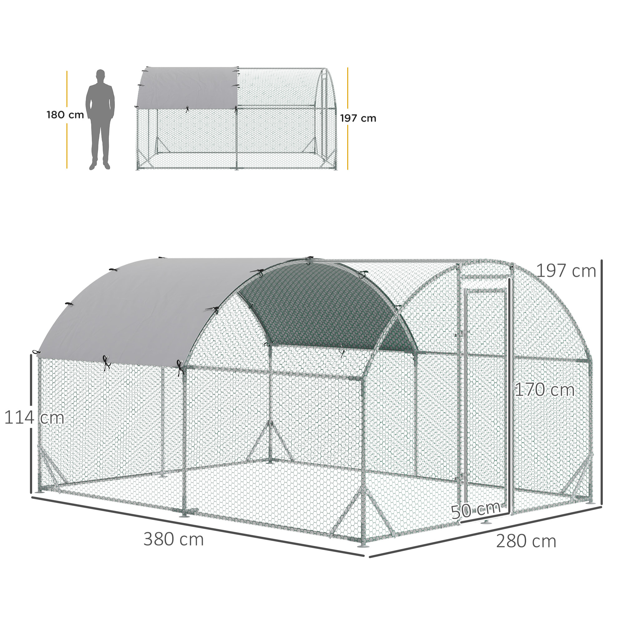 Enclos poulailler chenil 10,64 m² - parc grillagé dim. 3,8L x 2,8l x 1,97H m - espace couvert - acier galvanisé