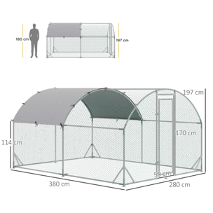 Enclos poulailler chenil 10,64 m² - parc grillagé dim. 3,8L x 2,8l x 1,97H m - espace couvert - acier galvanisé