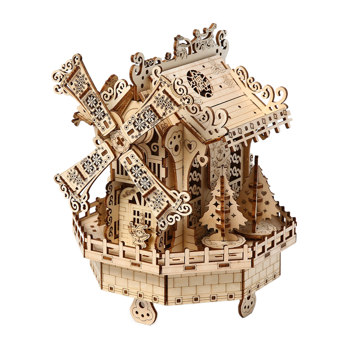 Maqueta de Madera 3D, con movimiento mecánico diseño cabaña élfica con luz y música. 140 piezas.