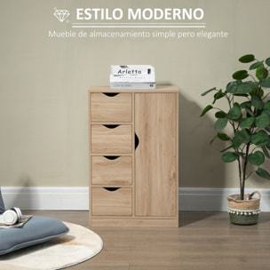 HOMCOM Armario de Salón Aparador Auxiliar con 4 Cajones 1 Puerta y Estante Interior Mueble de Almacenaje Multiusos para Baño Dormitorio Comedor 54x29x83 cm Roble