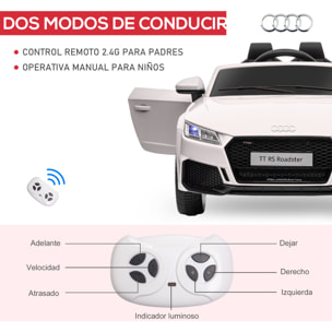 Audi TT Eléctrico Infantil Coche Juguete Niño 3 Años+ con Mando a Distancia con Música y Luces Modos de Aprendizaje Batería 12V Doble Apertura de Puerta 102x60x44 cmBlanco