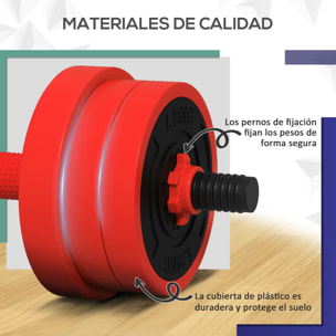 Kit de Mancuernas Ajustables 20kg 4 en 1 Juego de Pesas con Kettlebell Barra de Pesas para Entrenamiento de Fuerza en Hogar Gimnasio Oficina Rojo