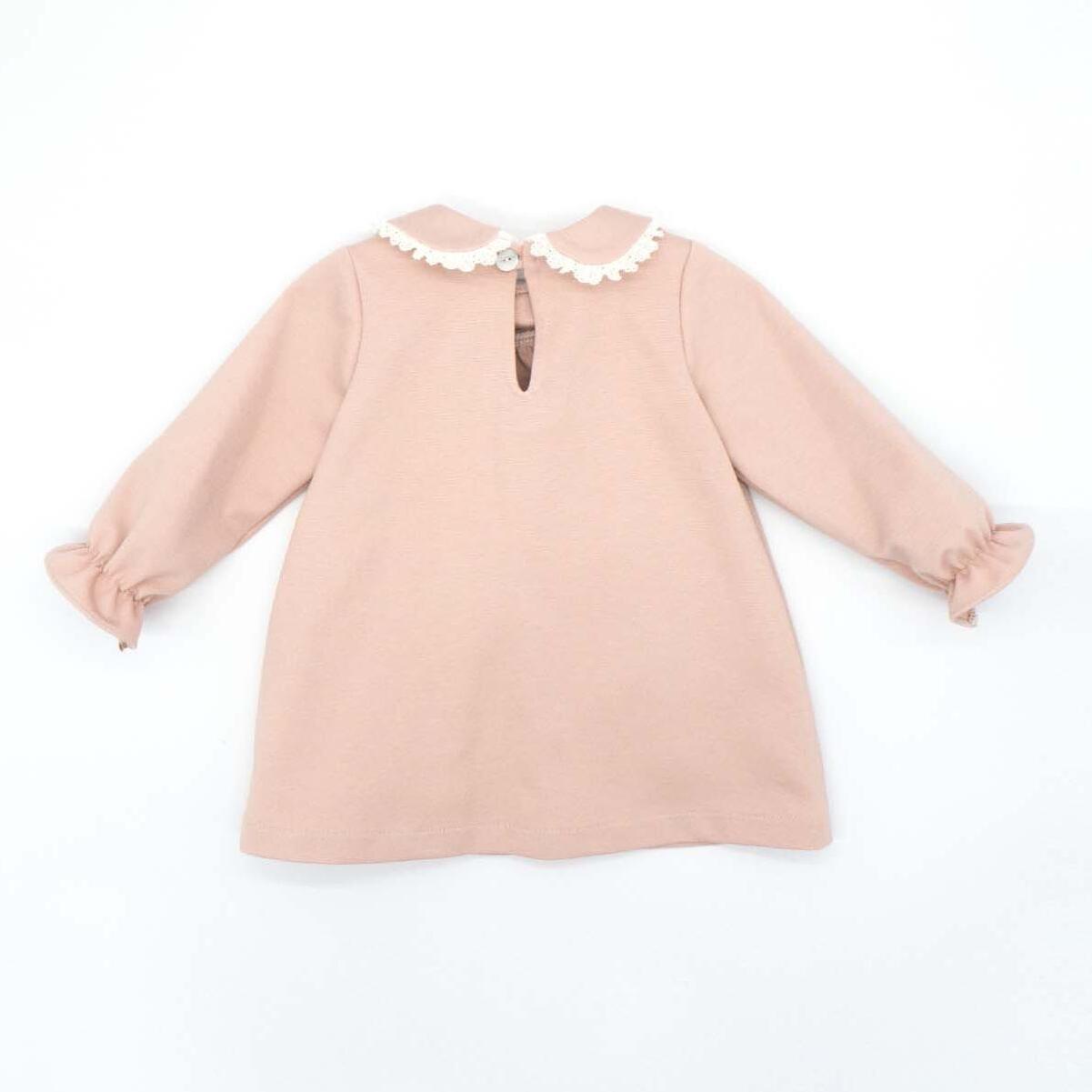 Vestido punto roma con cuello con volante rosa