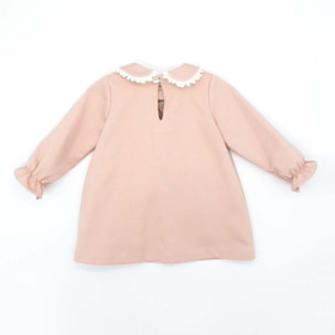 Vestido punto roma con cuello con volante rosa