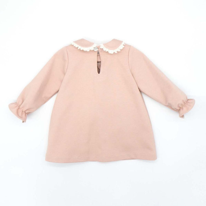 Vestido punto roma con cuello con volante rosa