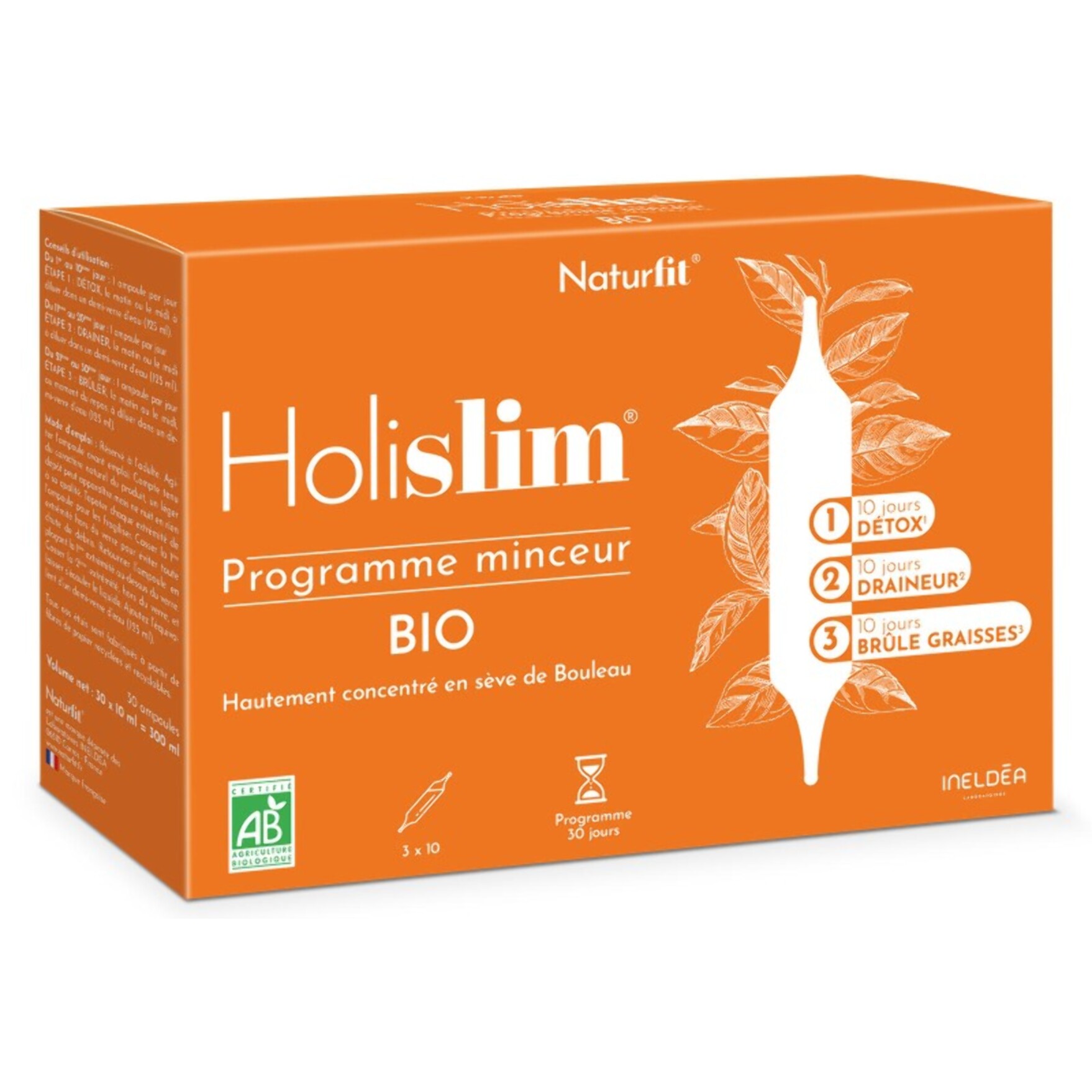 NATURFIT - Holislim - Programme minceur BIO - Complément alimentaire aux plantes - Sève de Bouleau, Pissenlit, Thé vert, Guarana - Aider à drainer, détoxifier et brûler les graisses - 30 ampoules