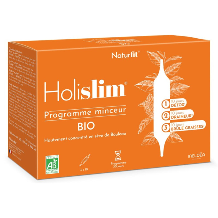 NATURFIT - Holislim - Programme minceur BIO - Complément alimentaire aux plantes - Sève de Bouleau, Pissenlit, Thé vert, Guarana - Aider à drainer, détoxifier et brûler les graisses - 30 ampoules