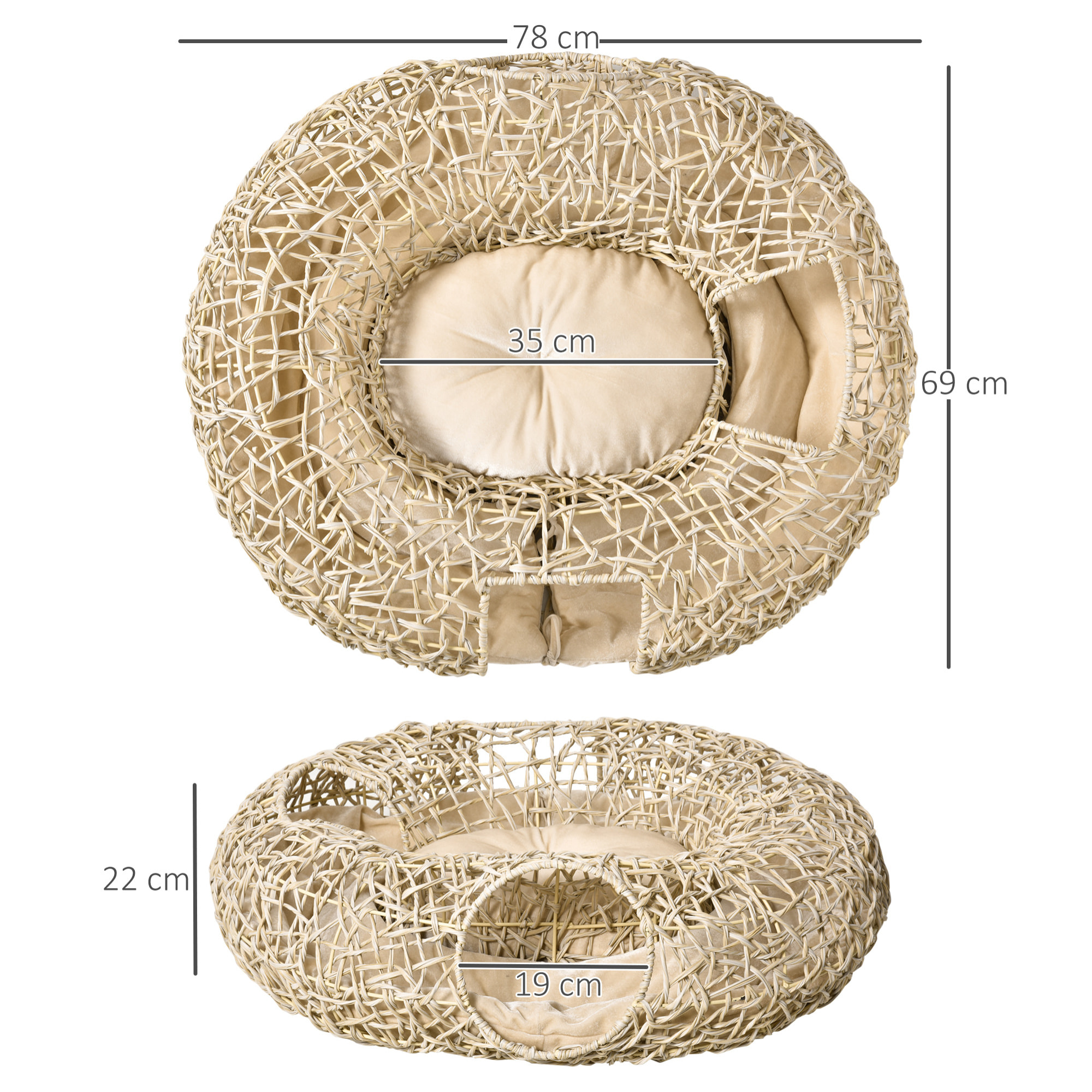 Cama para Gatos de Ratán 78x69x22 cm Cesta para Gatos Rolliza con Cojín Suave