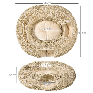 Cama para Gatos de Ratán 78x69x22 cm Cesta para Gatos Rolliza con Cojín Suave