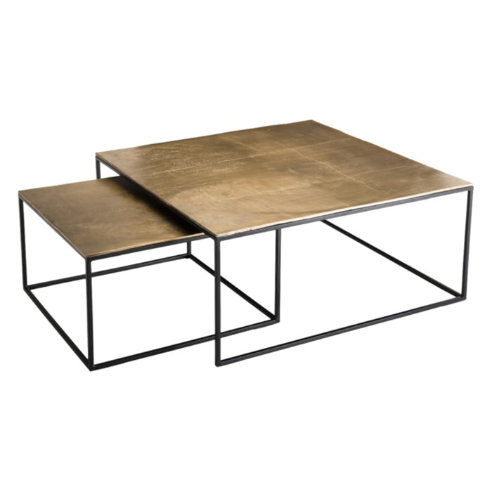 JOHAN - Set de 2 tables gigognes carrées aluminium doré - pieds métal noir