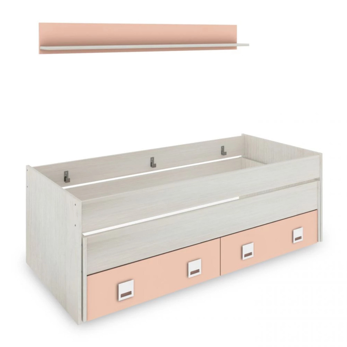 Cama doble juvenil con estante Kenia Blanco Alpes - Rosa