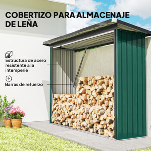 Casetilla para Leña de Acero Galvanizado, Cobertizo Leñero Exterior de Almacenamiento de Troncos, con Base Elevada y Techo Inclinado, 213x66,5x150 cm, Verde