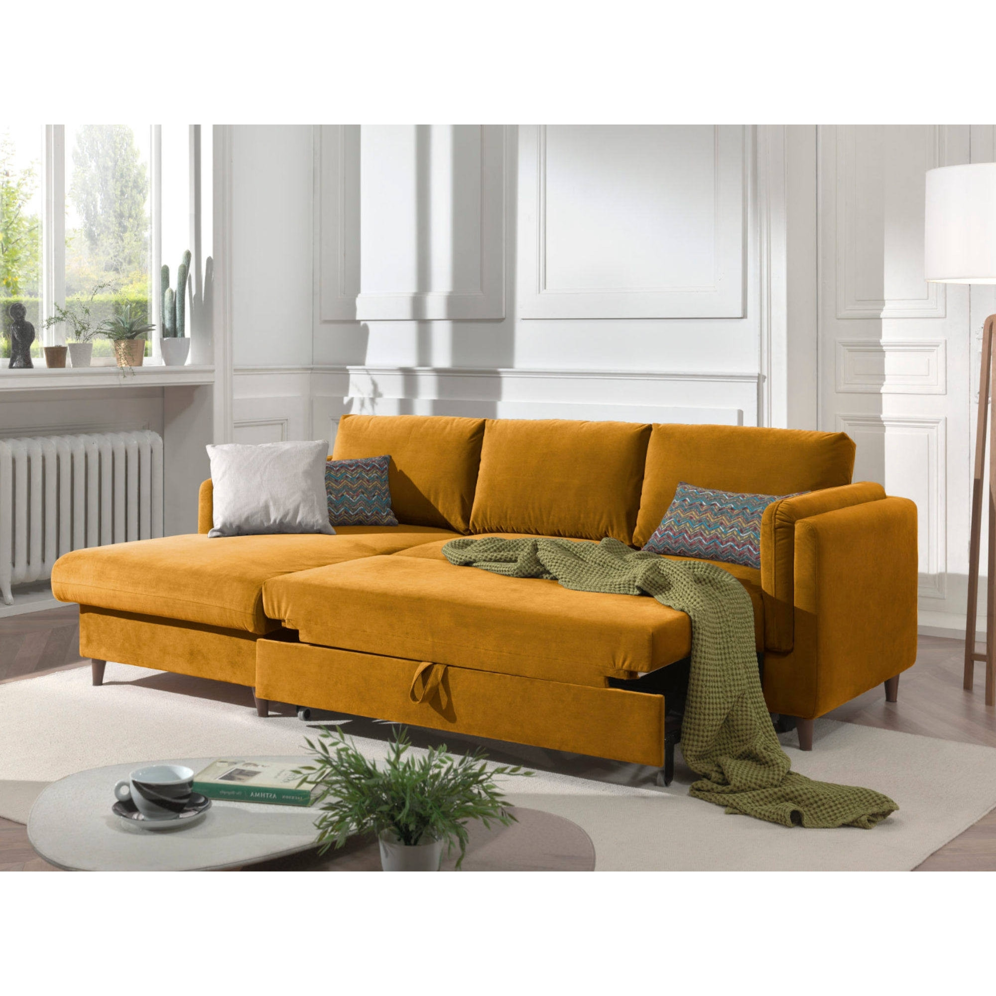 Brooke - canapé d'angle gauche - convertible avec coffre - 4 places - en velours - Jaune